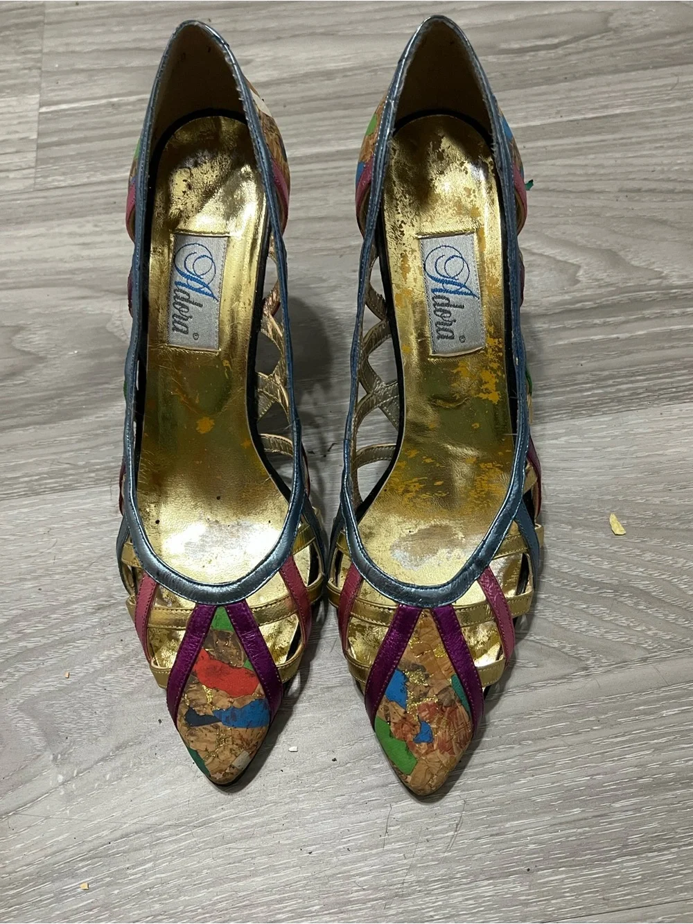 Adora Vintage Metallic Heels Strappy  Cork Mosaic Size 7 M  Colorful Shoes Y2K